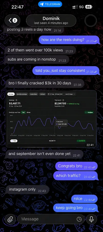 A member telling us he cracked $3K in 30 days from Instagram